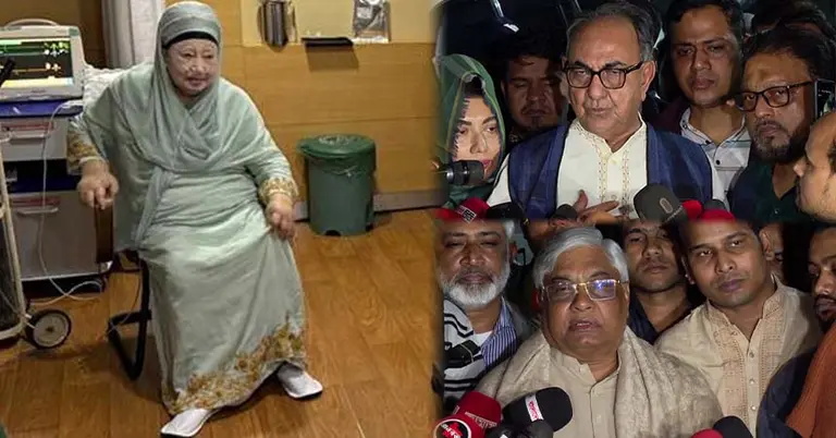 হাসপাতালে খালেদা জিয়া, মির্জা আব্বাস (ডানে ওপরে), বরকতউল্লাহ বুলু (ডানে নিচে)